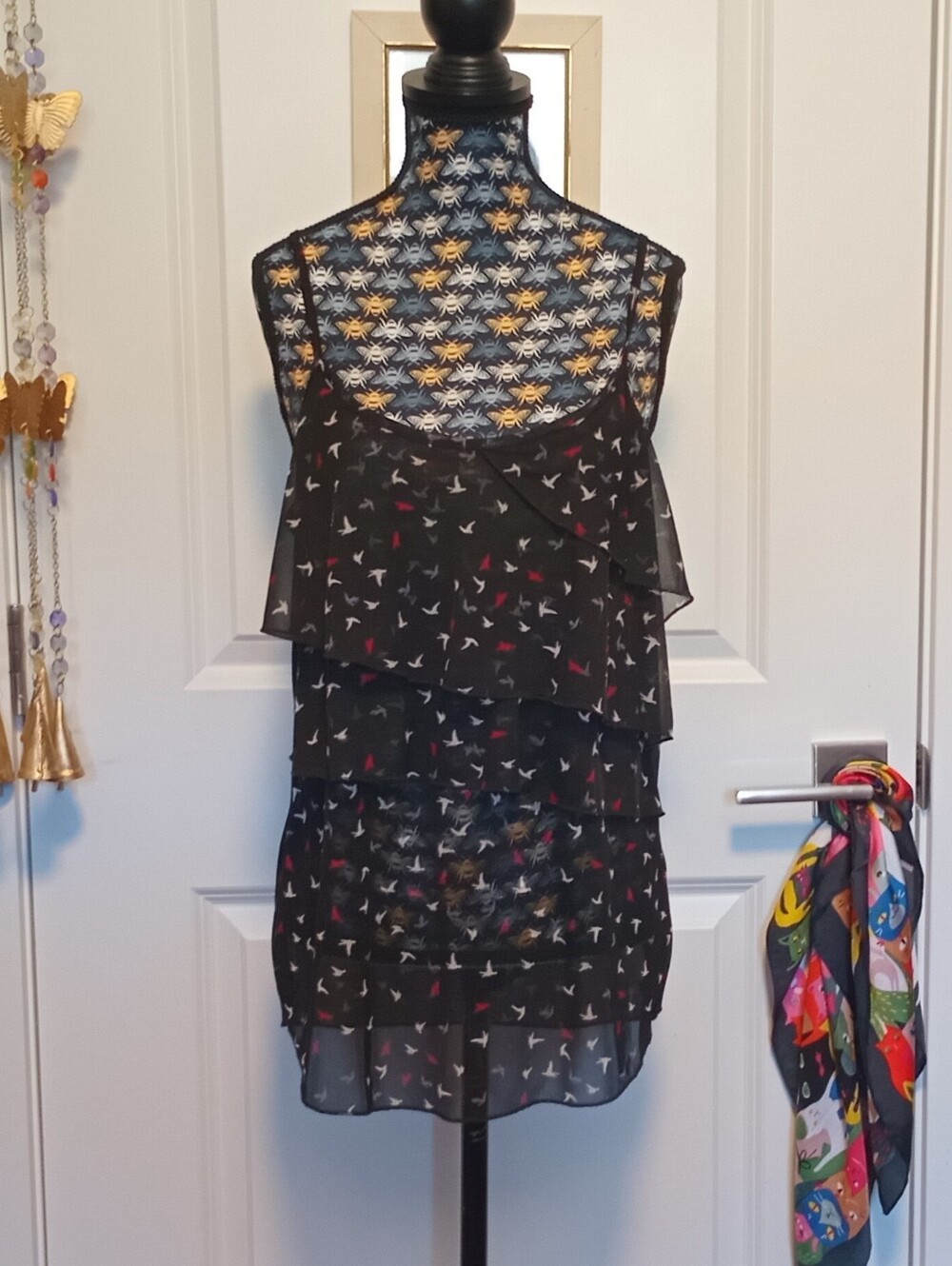 Smart Set black, red, and white bird print ruffle tiered tank top